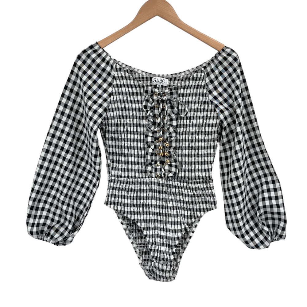 Sabo Skirt Mia Gingham Lace Up Bodysuit Women M White Black Check Balloon Sleeve